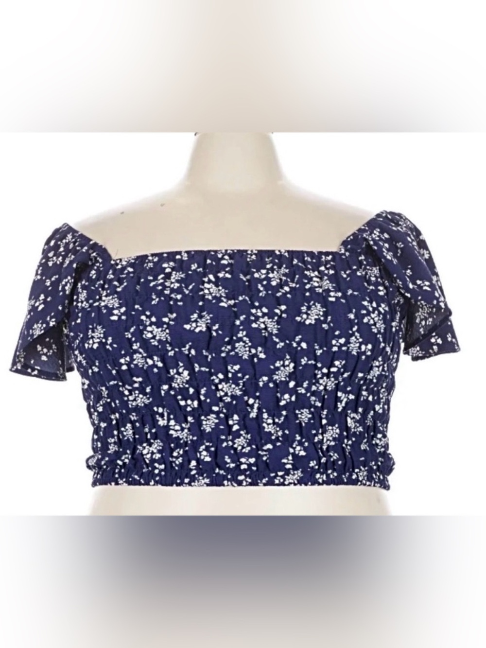 Lane Bryant Navy Blue White Floral Off-Shoulder Smocked Crop Top